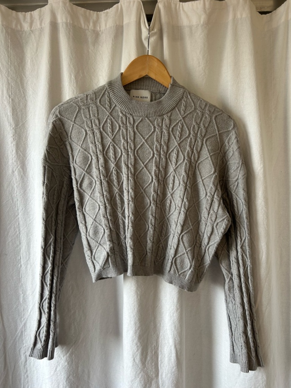 Pink Rose Light Gray Cable Knit Cropped Pullover